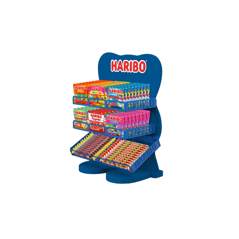 Présentoir bleu haribo vente comptoir bonbon en sachet individuel de 30 et 40 gr mega roulettes