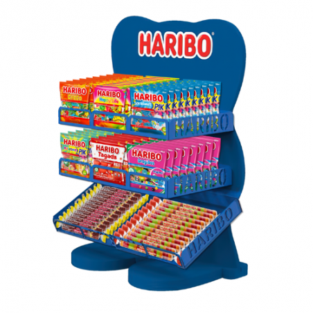 Présentoir bleu haribo vente comptoir bonbon en sachet individuel de 30 et 40 gr mega roulettes