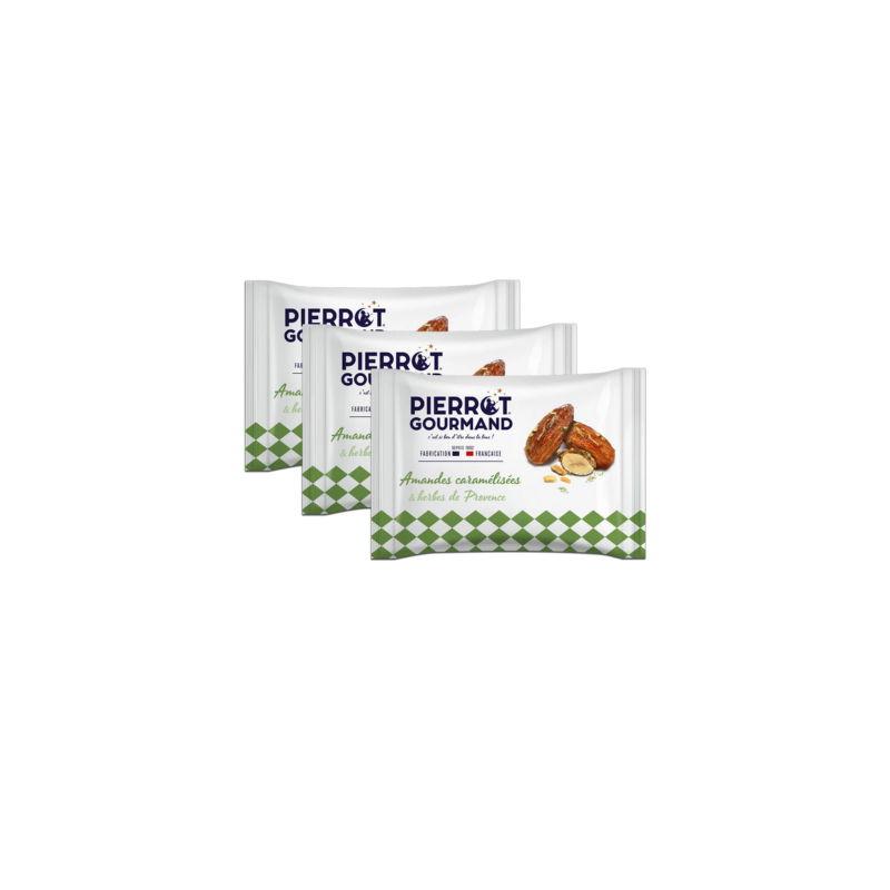 sachets amandes caramélisées herbes de Provence enveloppées emballé individuellement en boite de 12 grossiste confiserie snack