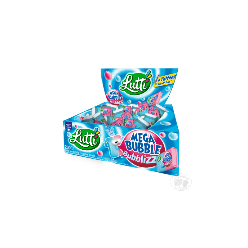 Grossiste Mega Bubble Bubblizz Lutti – Boîte de 200 Chewing-Gums Sans Gélatine